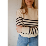 Ava Mock-Neck Sweater in cream and black striped polished prints