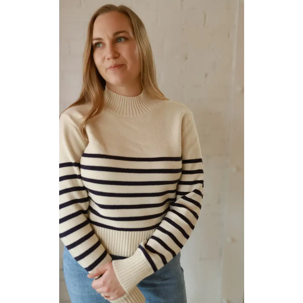 Ava Mock-Neck Sweater in cream navy stripes, polished prints for stylish womens clothes
