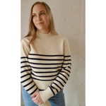 Ava Mock-Neck Sweater in cream navy stripes, polished prints for stylish womens clothes