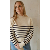 Ava Mock-Neck Sweater in cream navy stripes, polished prints for stylish womens clothes