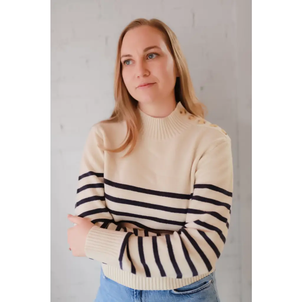 Cream and navy striped Ava Mock-Neck Sweater with shoulder buttons