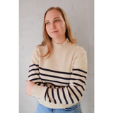 Cream and navy striped Ava Mock-Neck Sweater with shoulder buttons