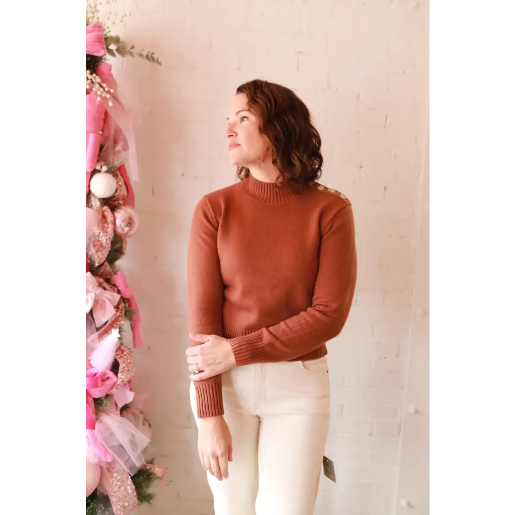Rust Ava Mock-Neck Sweater with stylish womens clothes vibe