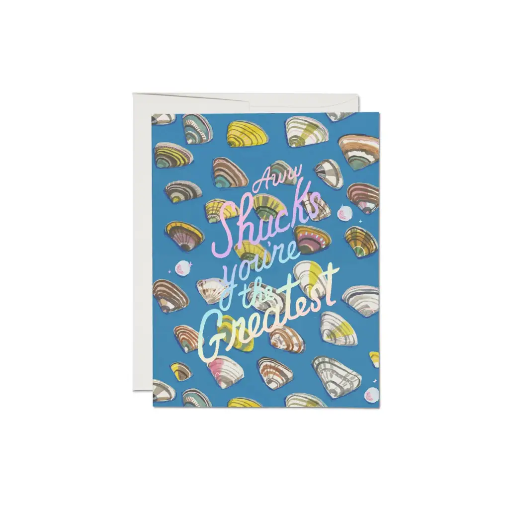 Blue seashell patterned Aww Shucks friendship greeting card with polished prints
