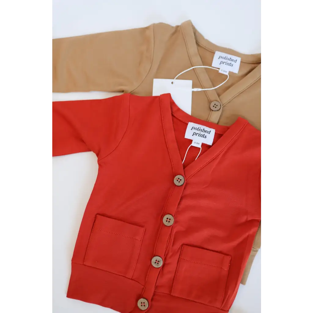 Buttery soft red Baby Grandpa Cardigan with front pockets for the holiday season