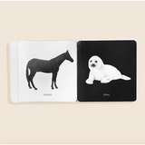 Two black and white animal illustrations of a horse and seal from High-Contrast Baby’s Book Box Set