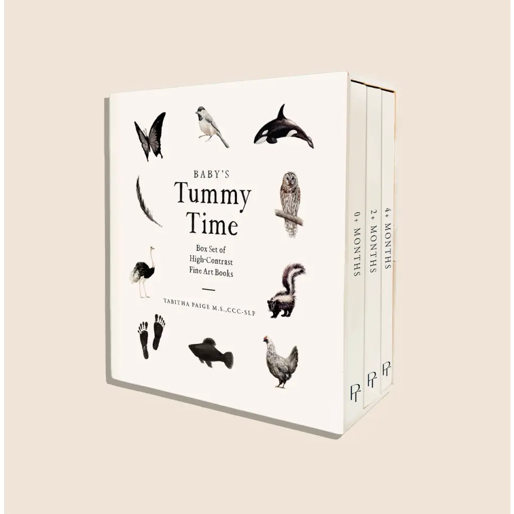 High-contrast Baby’s Tummy Time book box set with black animal silhouettes on white box