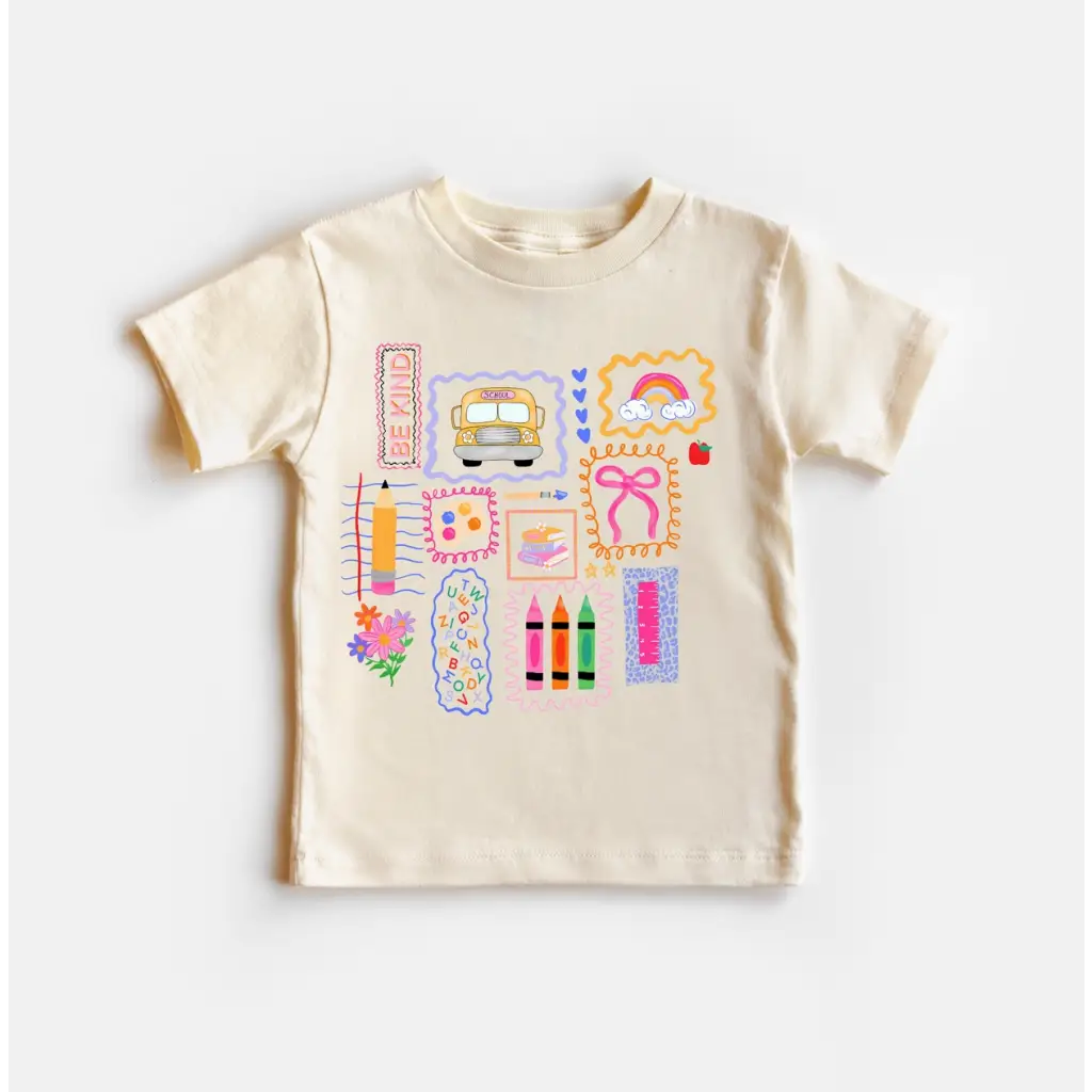 Cream-colored kids T-shirt with colorful school-themed graphic, perfect for stylish moms
