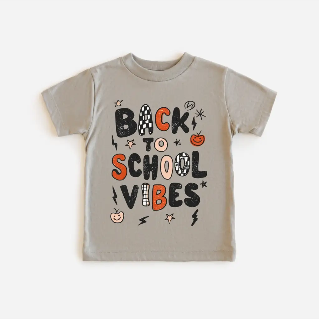 Light grey Back To School Vibes kids shirt with colorful graphic and polished prints
