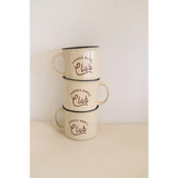 Three stacked white enamel campfire mugs with Club text for badass babes lovers