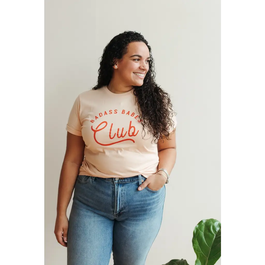 Beige Badass Babes Club Graphic Tee with bold red text for stylish babes