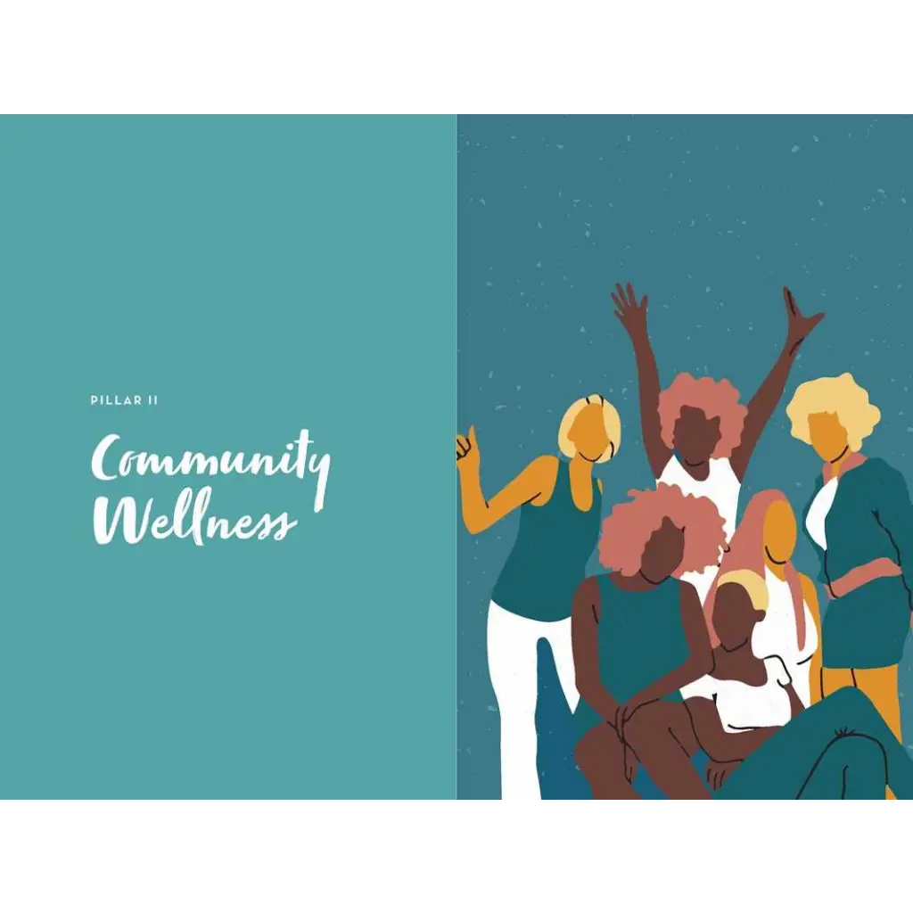 Teal wellness poster with diverse figures in stylish womens clothes under starry sky from Balance Is Bullshit by Alicia McKenzie