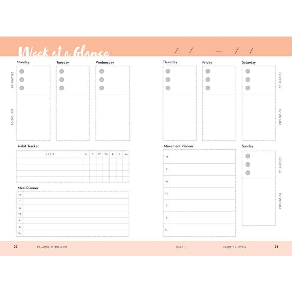 Pink weekly planner from Balance Is Bullshit by Alicia McKenzie for moms habits