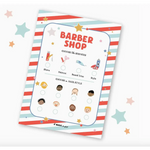 Barber shop pretend play menu poster with cartoon hairstyles and icons in stripes