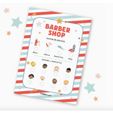 Barber shop pretend play menu poster with cartoon hairstyles and icons in stripes