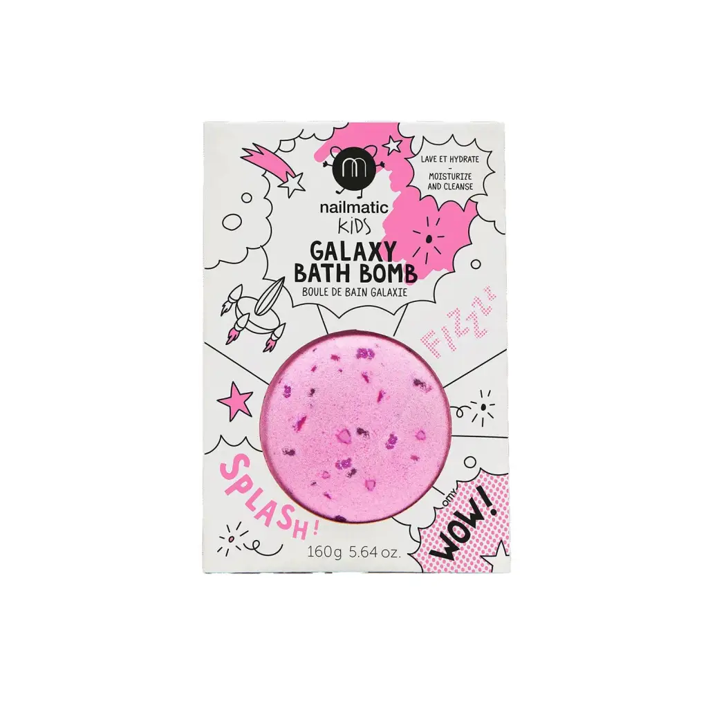 Nailmatic kids galaxy bath bomb in pink speckled design on white background