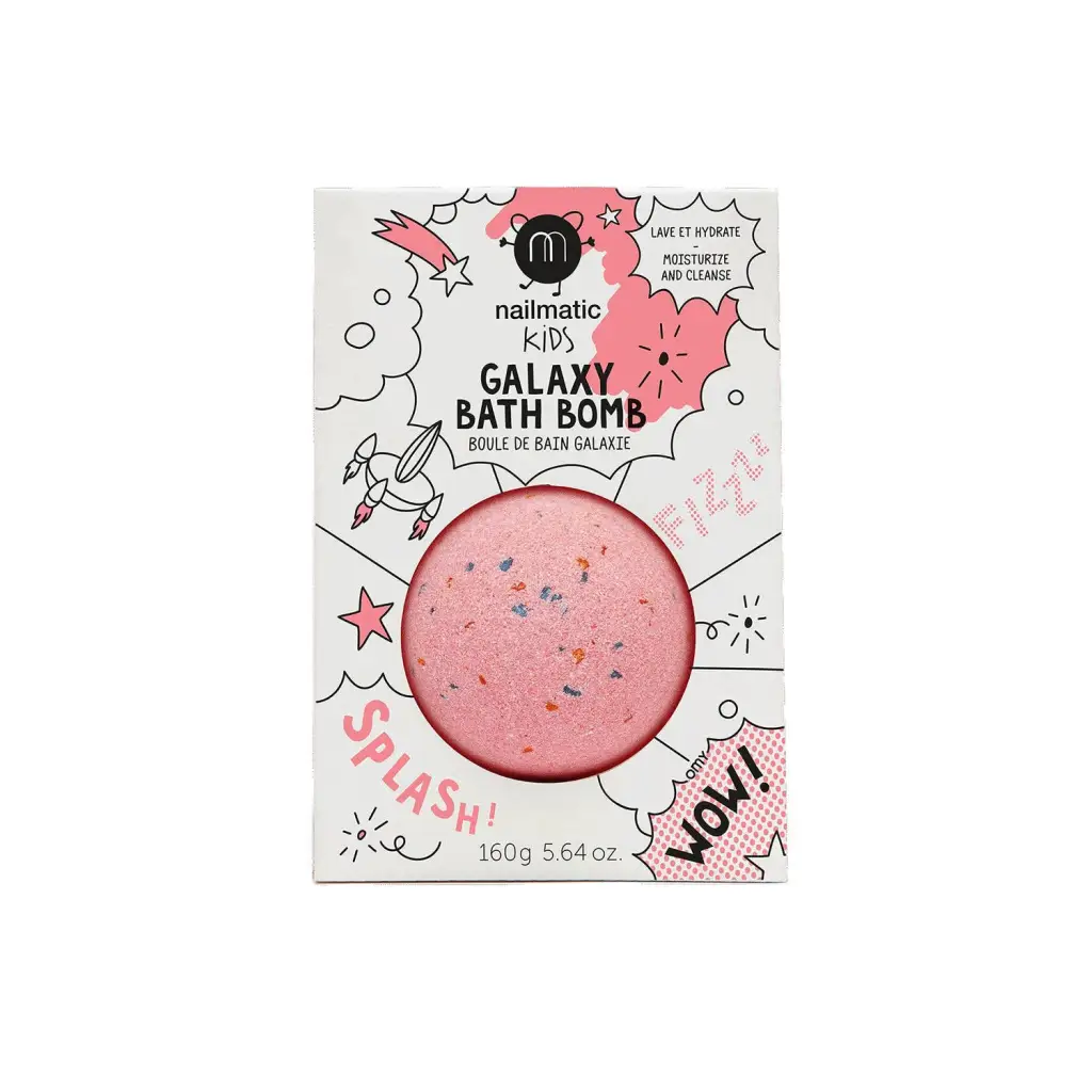 Pink galaxy bath bomb with colorful speckles for kids, by Nailmatic