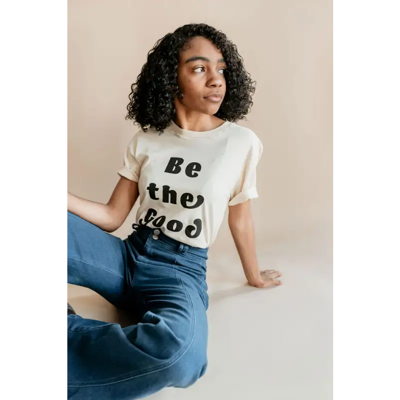 White Be the Mod T-shirt paired with blue jeans, a perfect good adult unisex style