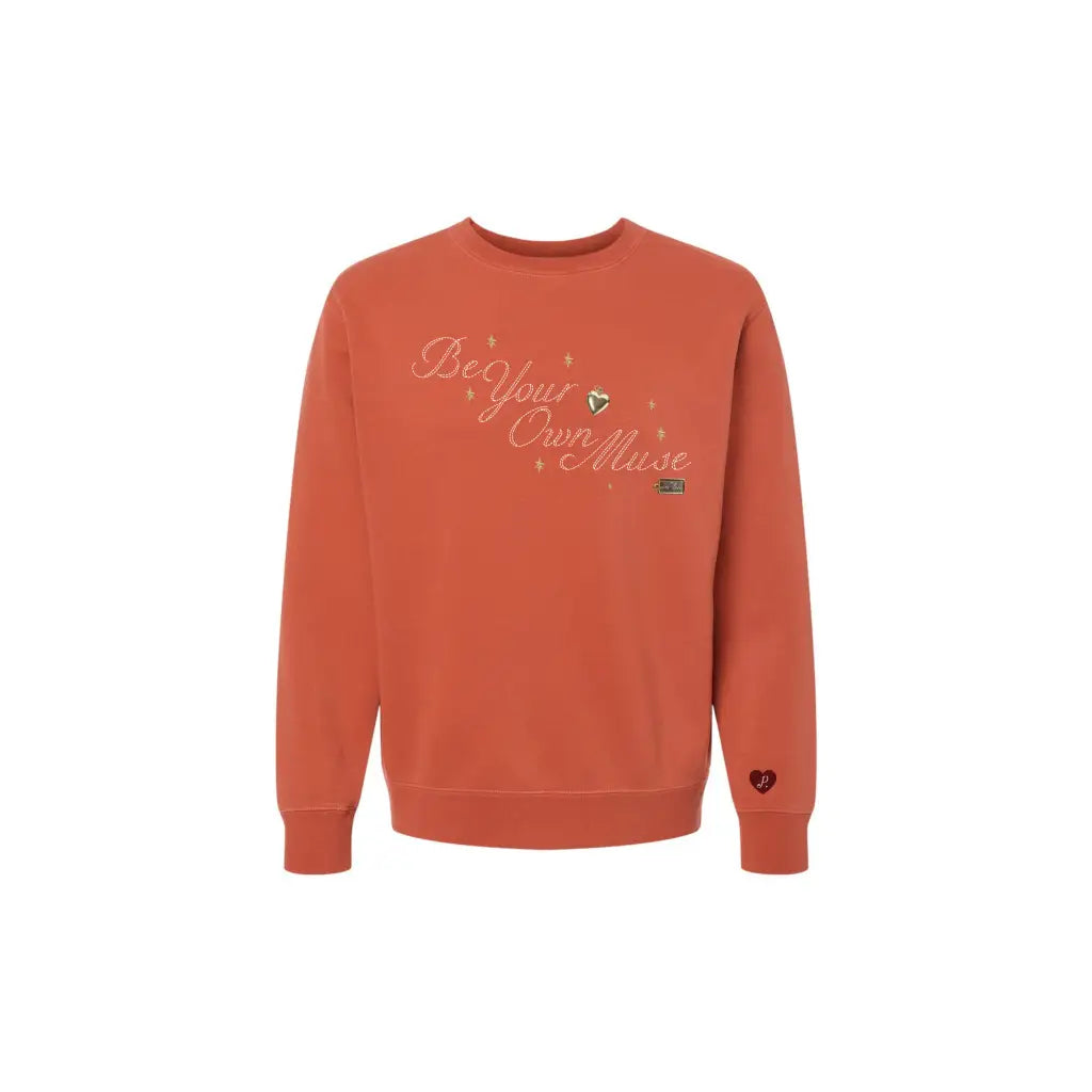 Rust-colored Independent Trading Company pullover with embroidered text and heart