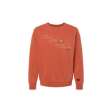 Rust-colored Independent Trading Company pullover with embroidered text and heart