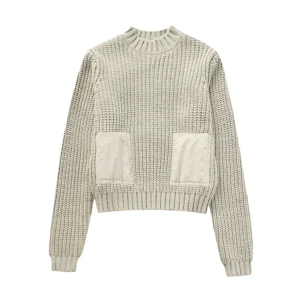 Beige Bella Cropped Sweater with ribbed texture and front patch pockets