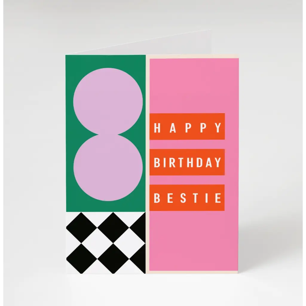 Modern geometric Cute Bestie Birthday Card in pink, green, and black with fun orange text