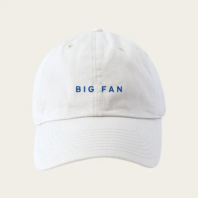 White Big Fan baseball cap with blue embroidered letters for every sports event