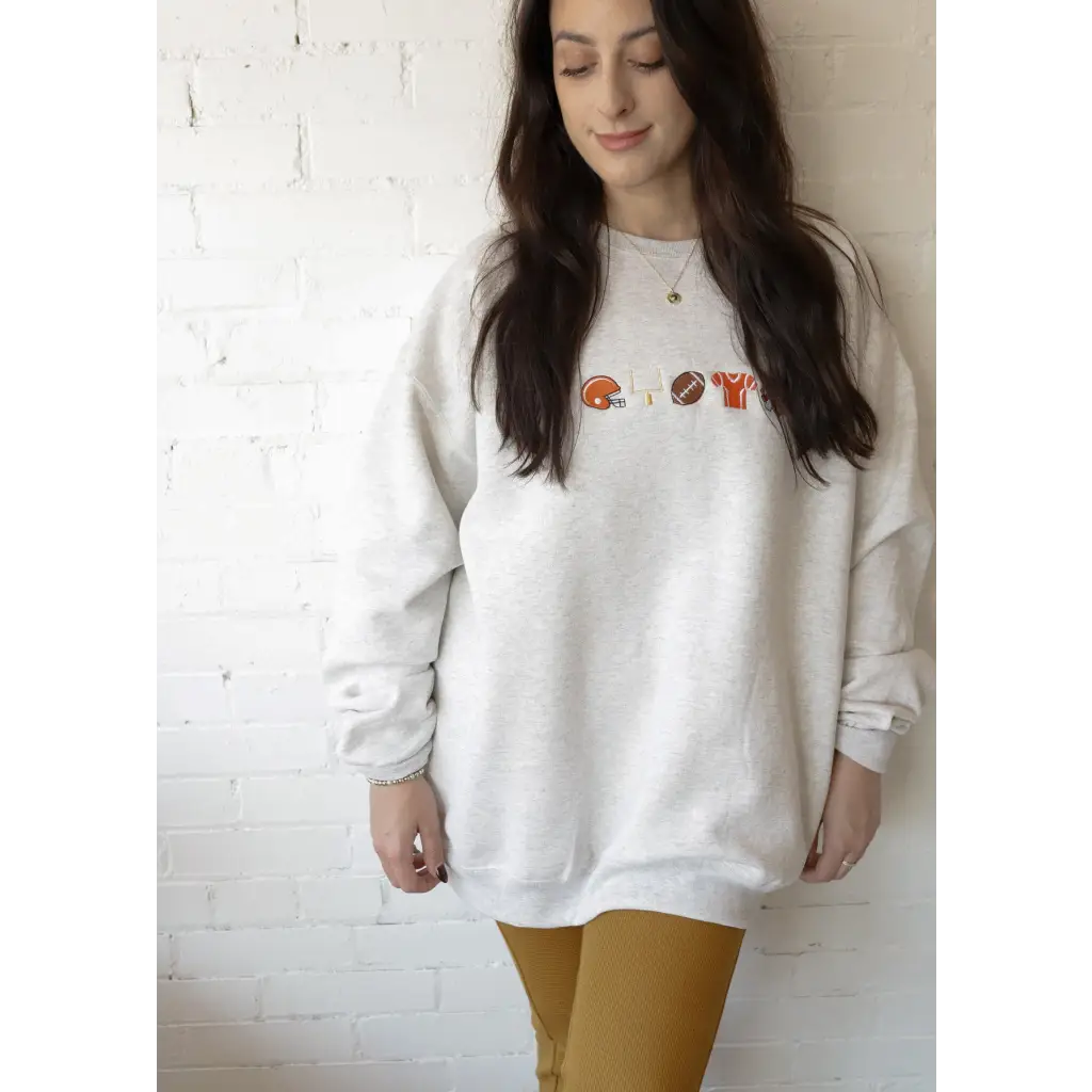 Oversized light grey Big Fan Football embroidered sweatshirt with football-themed details