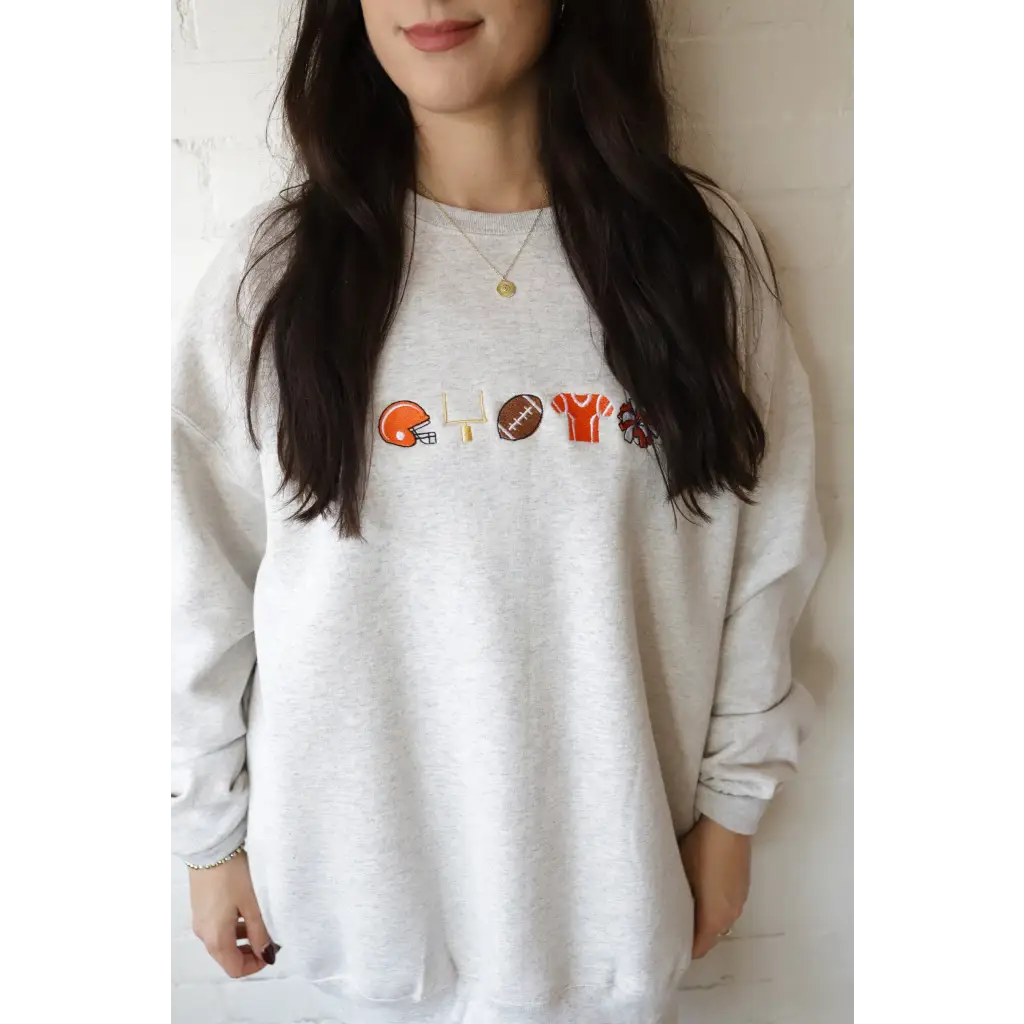 Light gray Big Fan Football embroidered sweatshirt with football-themed graphics