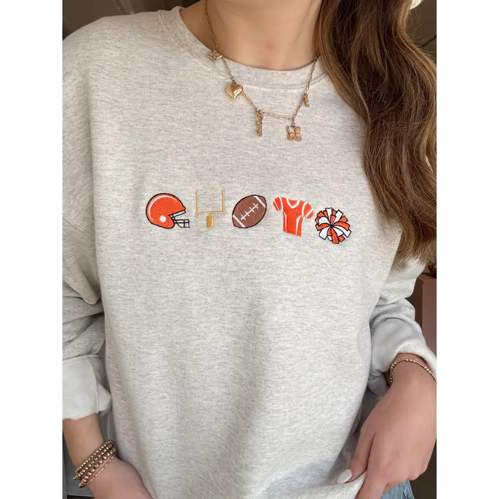 Light gray Big Fan Football embroidered sweatshirt with football-themed graphics for fans