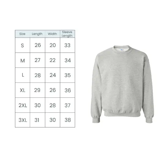 Light gray crewneck sweatshirt with size chart from Big Fan Football Embroidered collection