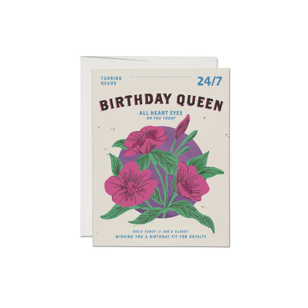 Birthday Queen floral greeting card with pink flowers and green leaves, perfect for stylish womens clothes