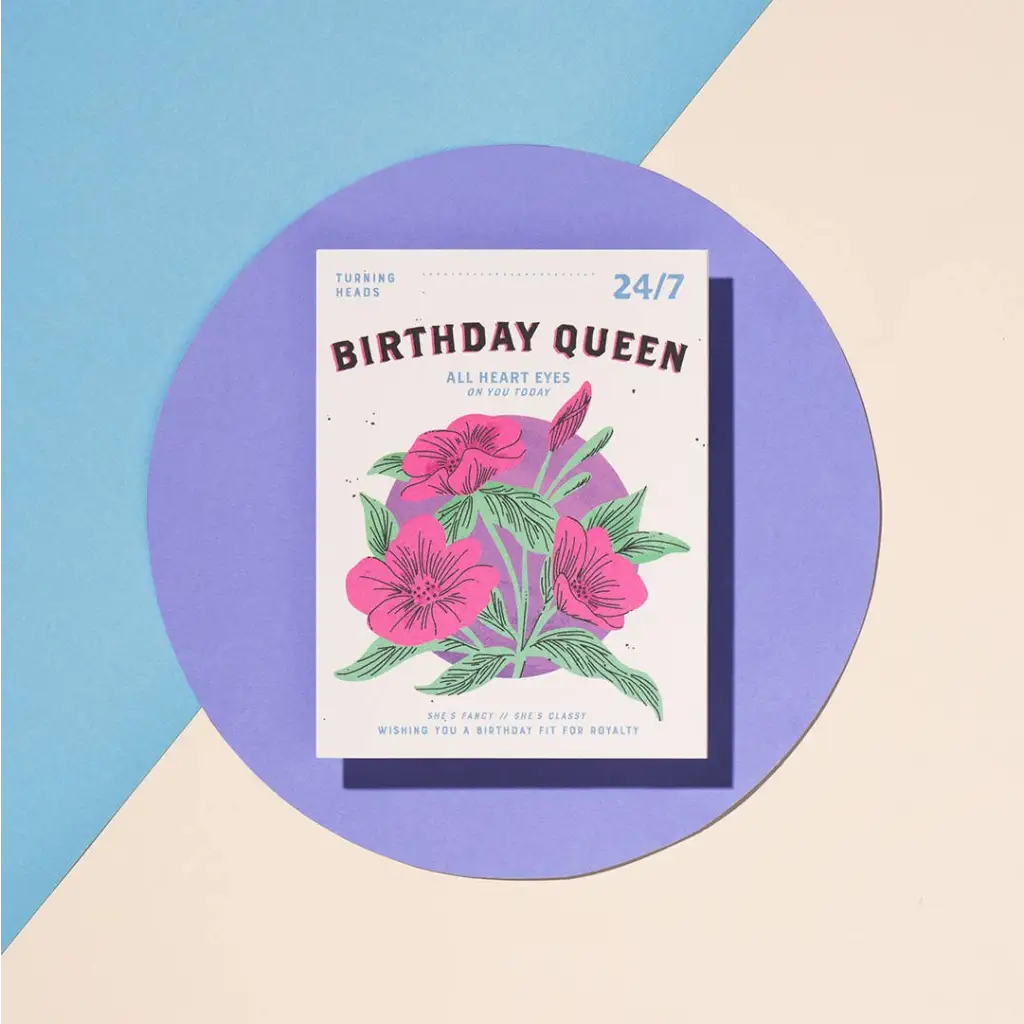 Birthday Queen birthday greeting card with vibrant pink flowers, perfect for stylish womens clothes