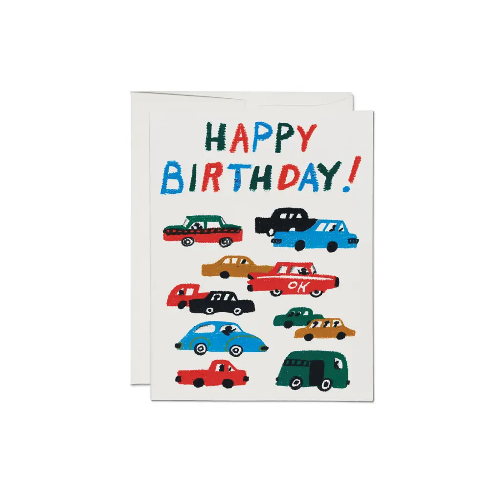 Birthday Traffic birthday greeting card with colorful cars design on white background for polished prints