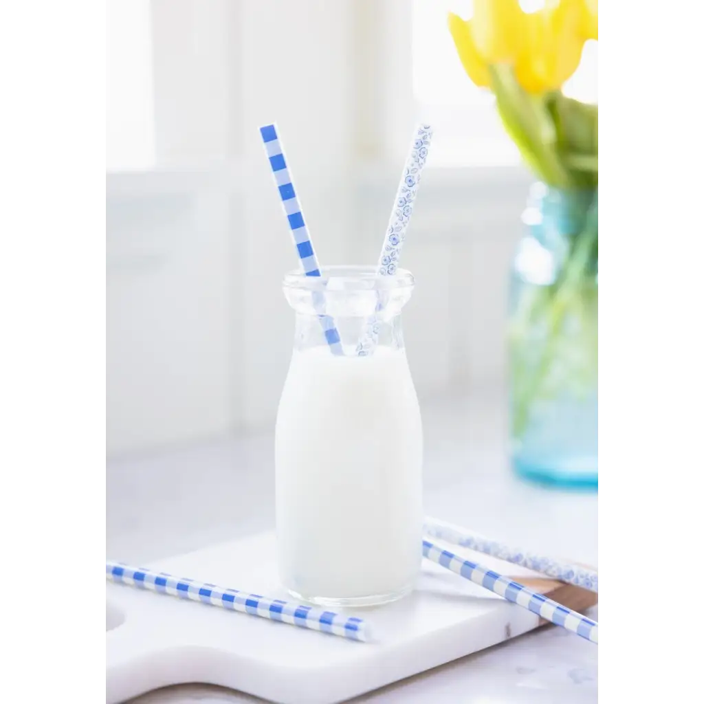 Milk bottle with Blue Plaid Floral Reusable Straws for eco-friendly sipping