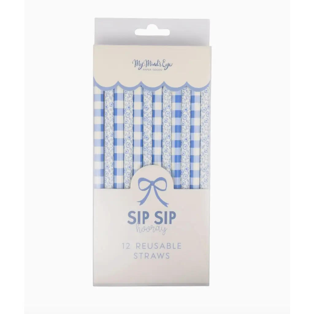 Box of Blue Plaid Floral Reusable Straws, a stylish alternative to plastic straws