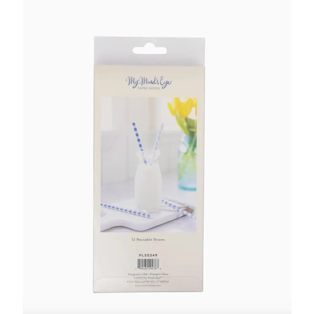 Packaged Blue Plaid Floral Reusable Straws perfect for ditching plastic straws