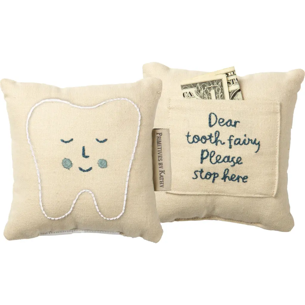Beige smiling tooth fairy pillow with pocket for Tooth Fairy notes