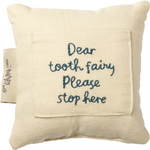 Cream-colored linen tooth fairy pillow with blue embroidered pocket text