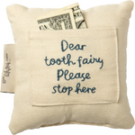 Beige linen tooth fairy pillow with blue text and pocket holding dollar bills