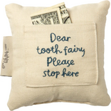 Beige linen tooth fairy pillow with blue text and pocket holding dollar bills