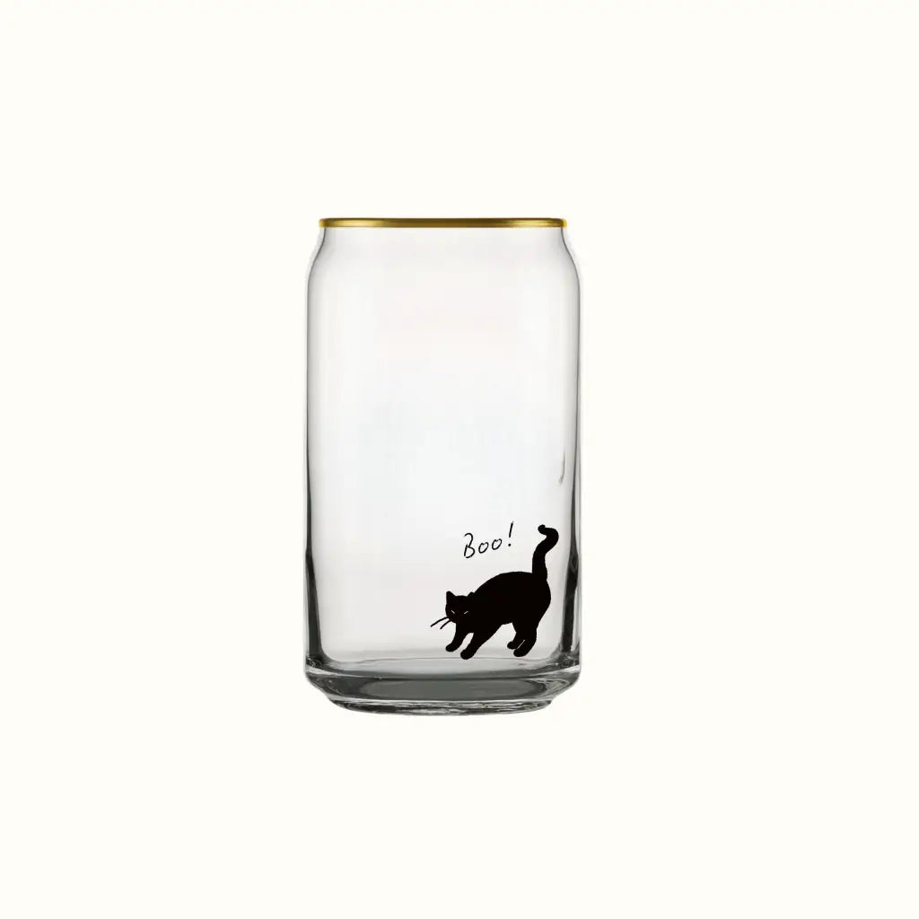 Clear glass Boo Scaredy Cat Juice Glass with black cat design and gold rim