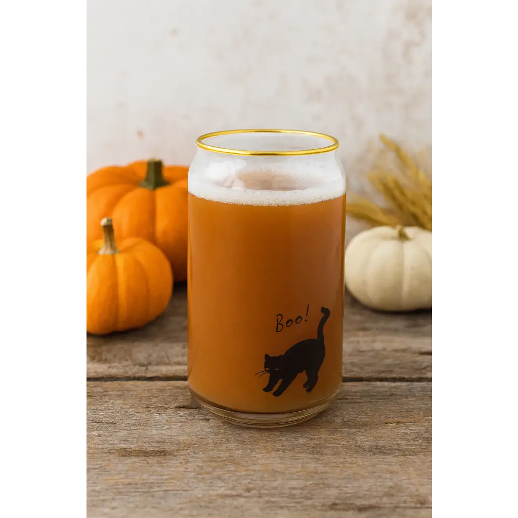 Boo Scaredy Cat Juice Glass with orange drink and black cat silhouette for cat juice fans