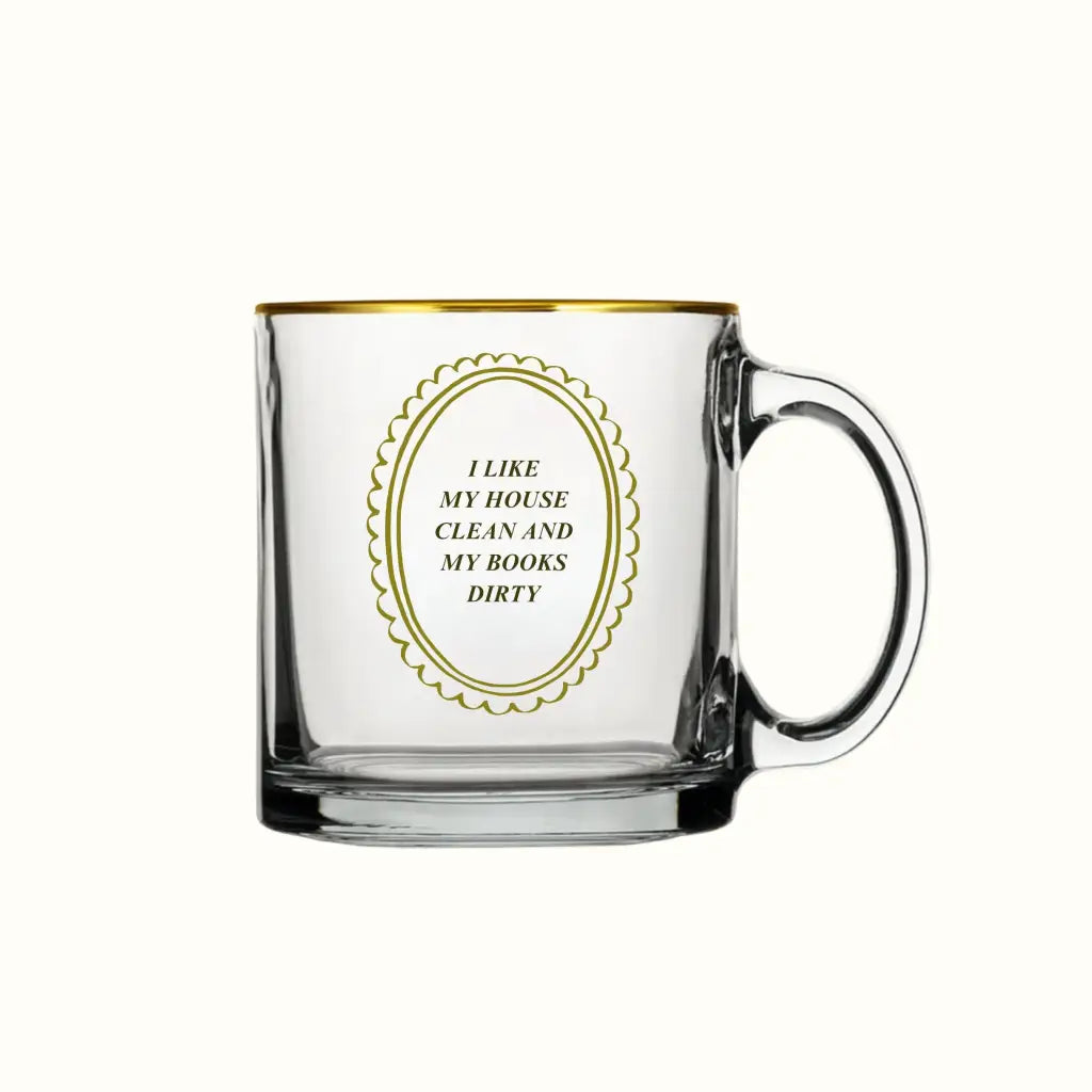 Bookish Gold Rimmed Mug with clear glass, gold rim, and scalloped edge