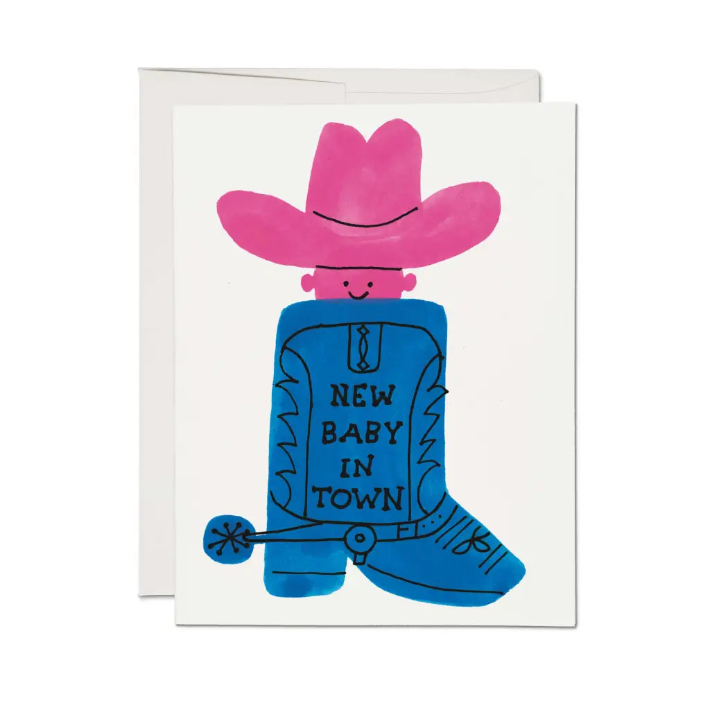 Cute cowboy boot baby card with pink hat and blue body, perfect for stylish moms