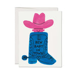 Cute cowboy boot baby card with pink hat and blue body, perfect for stylish moms