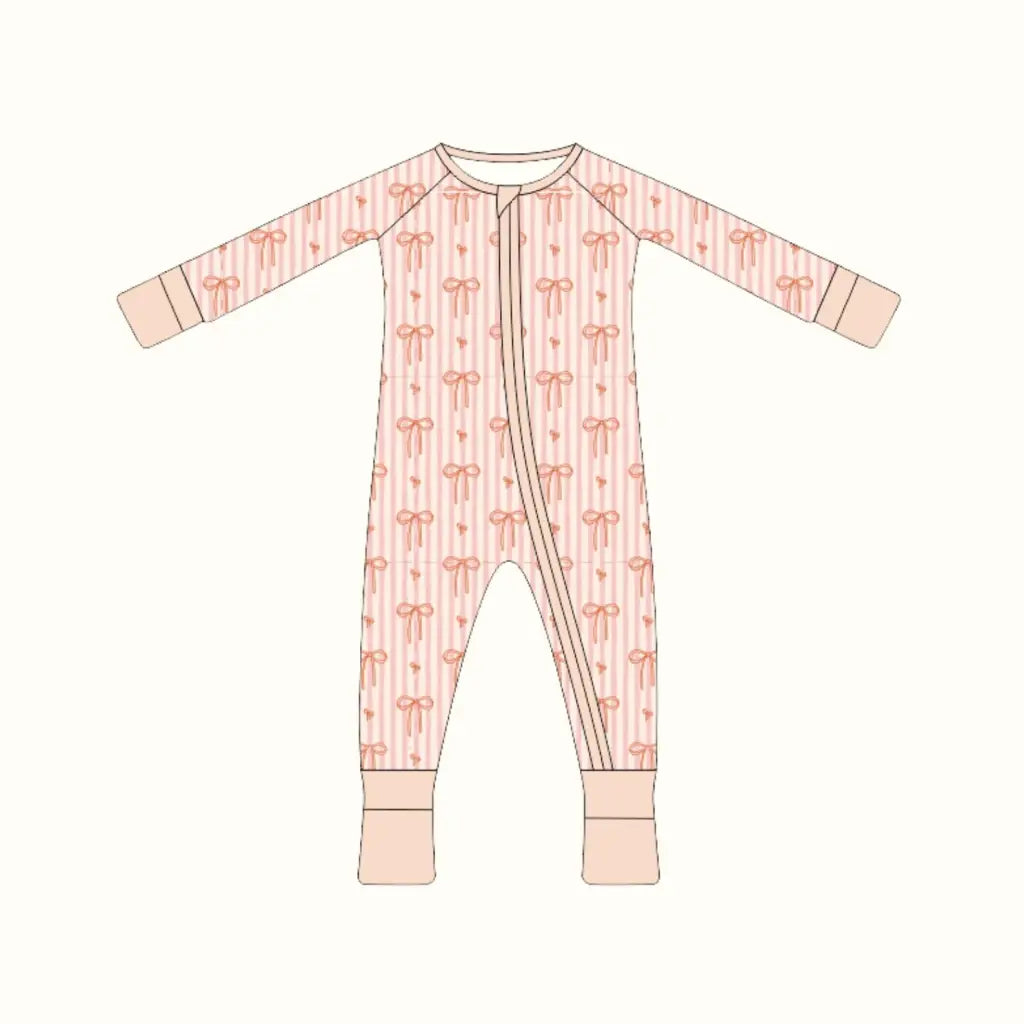 Pink and white striped bamboo baby sleeper with peach bow patterns