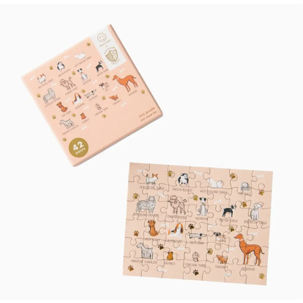 Cute Bow Wow Breeds Mini Puzzle showing soft peach animal illustrations for kids