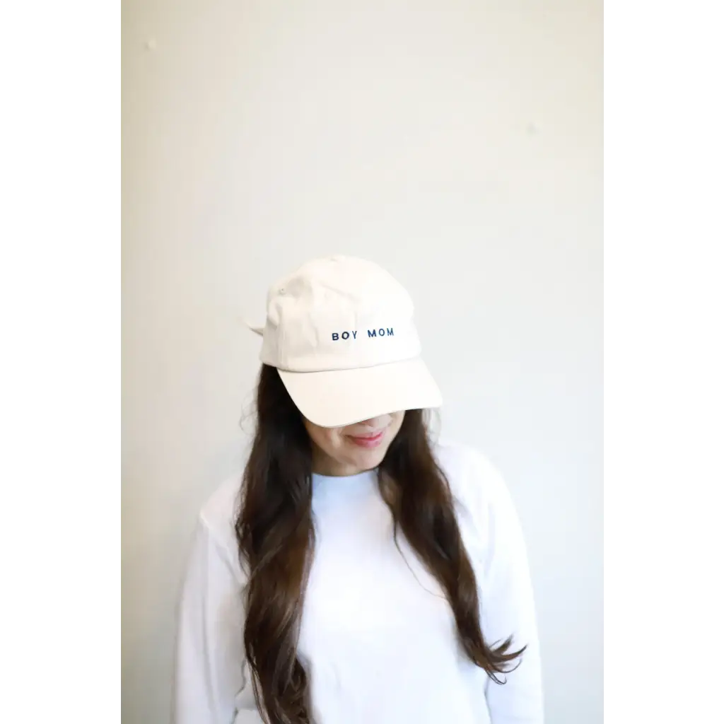 White baseball cap with BOI MOI text, perfect for any boy mom rocking style