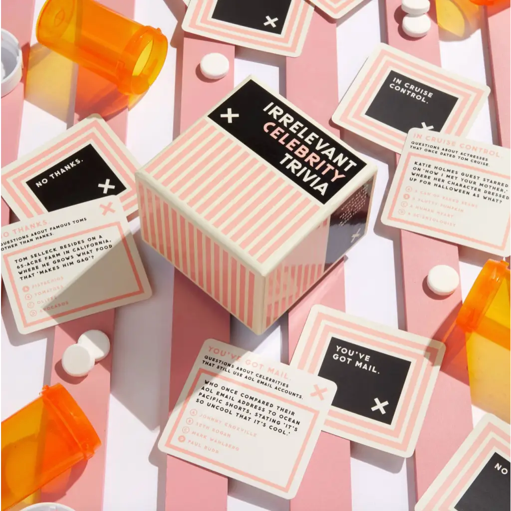 Striped pink and white medication box with celebrity trivia game night essentials